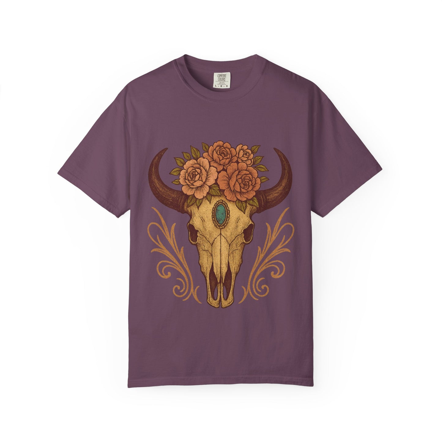 Grit & Grace Buffalo Skull Graphic T-Shirt – Western Cowgirl Floral Skull Tee with Turquoise & Roses