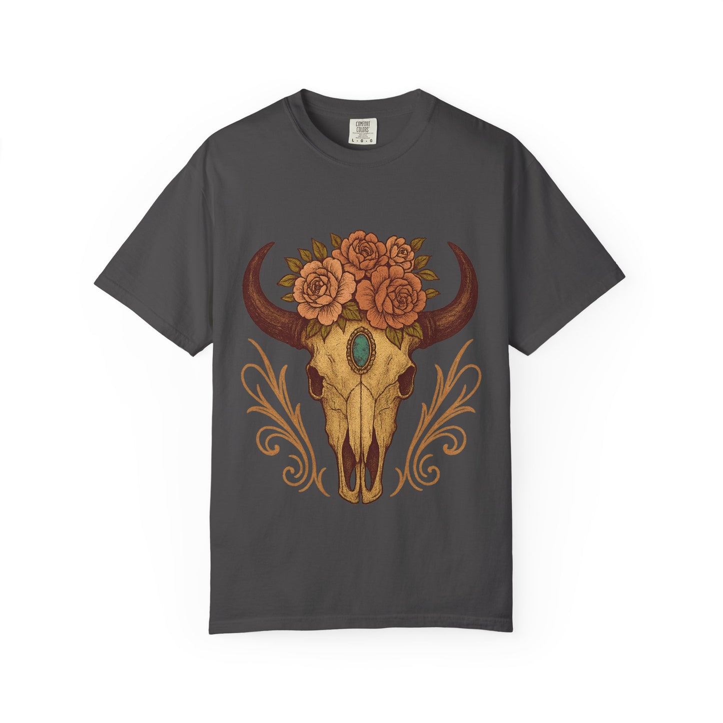 Grit & Grace Buffalo Skull Graphic T-Shirt – Western Cowgirl Floral Skull Tee with Turquoise & Roses