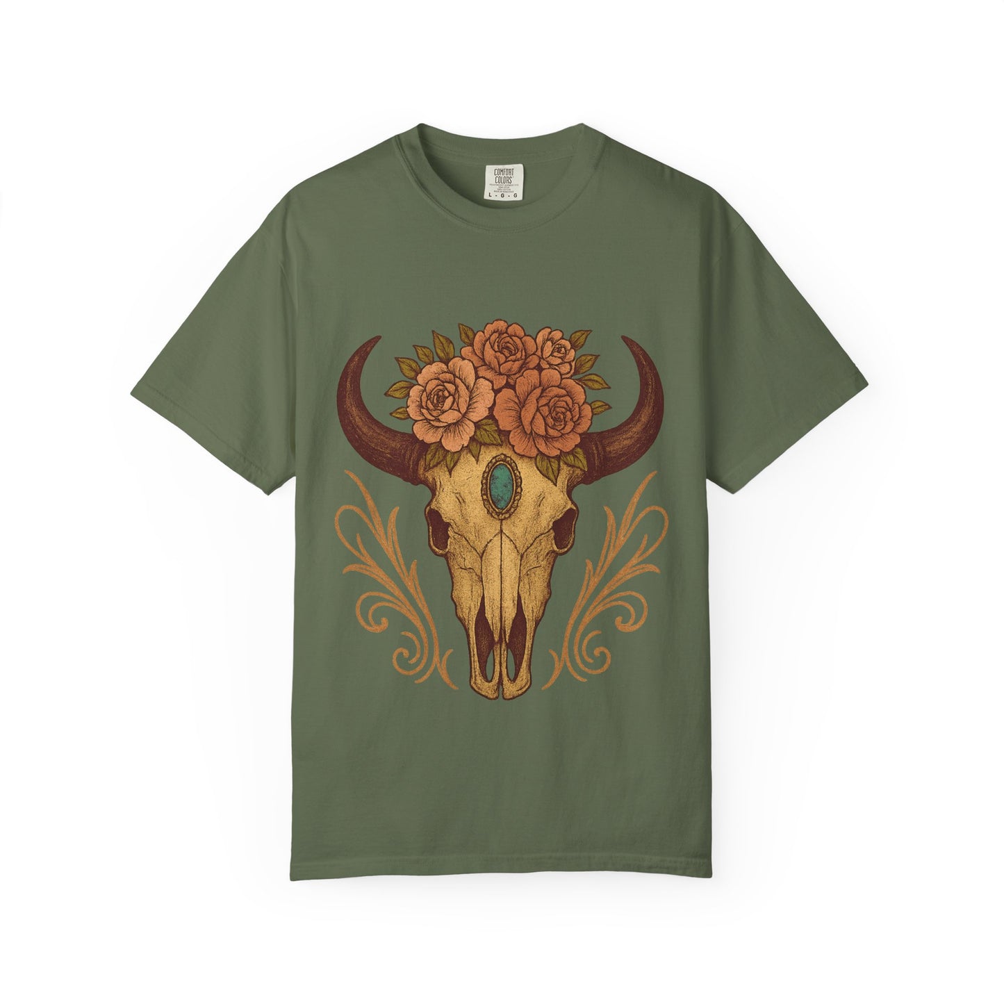 Grit & Grace Buffalo Skull Graphic T-Shirt – Western Cowgirl Floral Skull Tee with Turquoise & Roses