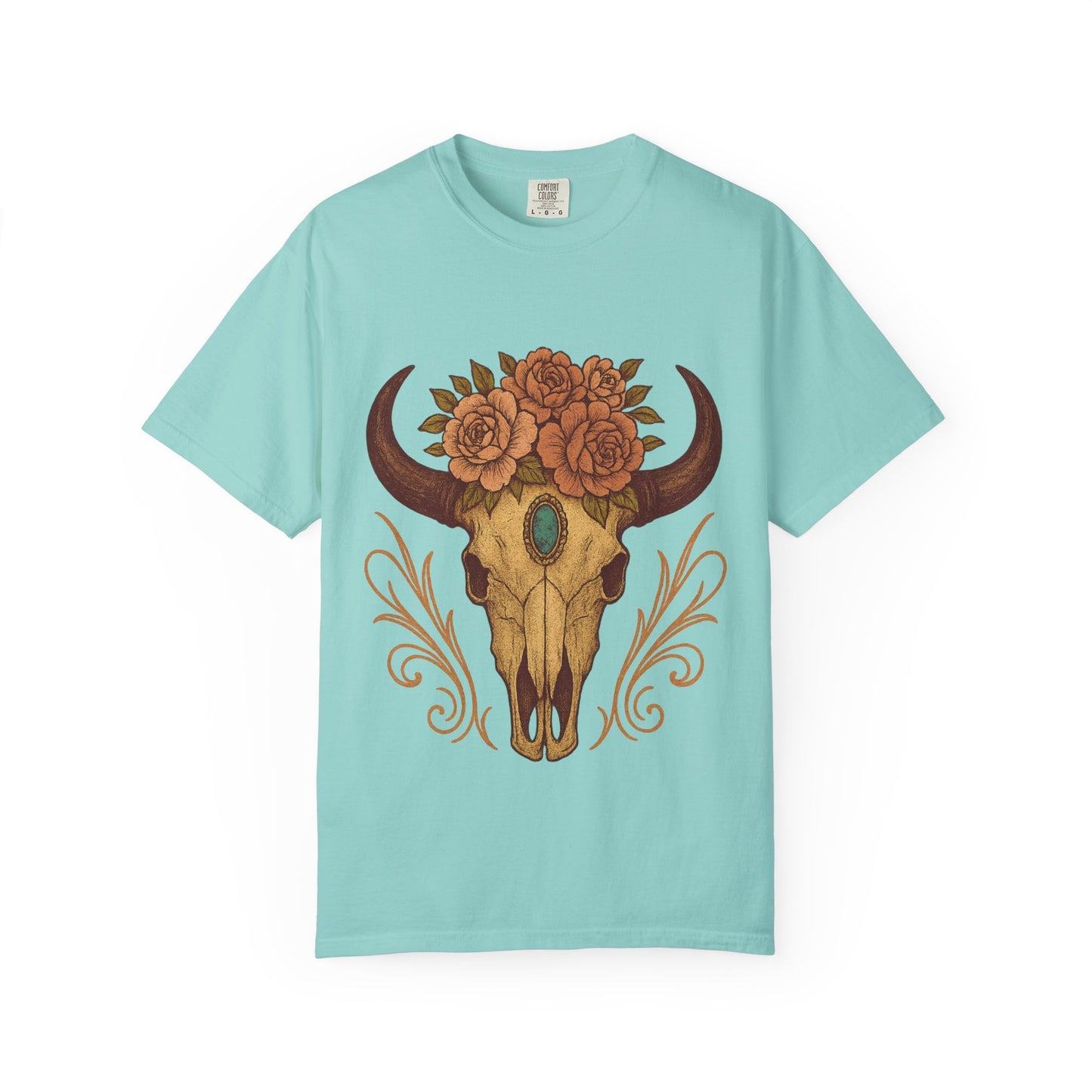 Grit & Grace Buffalo Skull Graphic T-Shirt – Western Cowgirl Floral Skull Tee with Turquoise & Roses