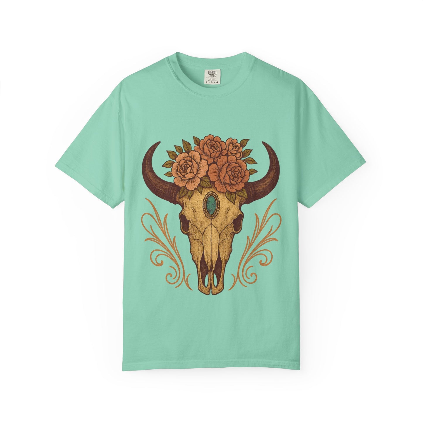Grit & Grace Buffalo Skull Graphic T-Shirt – Western Cowgirl Floral Skull Tee with Turquoise & Roses