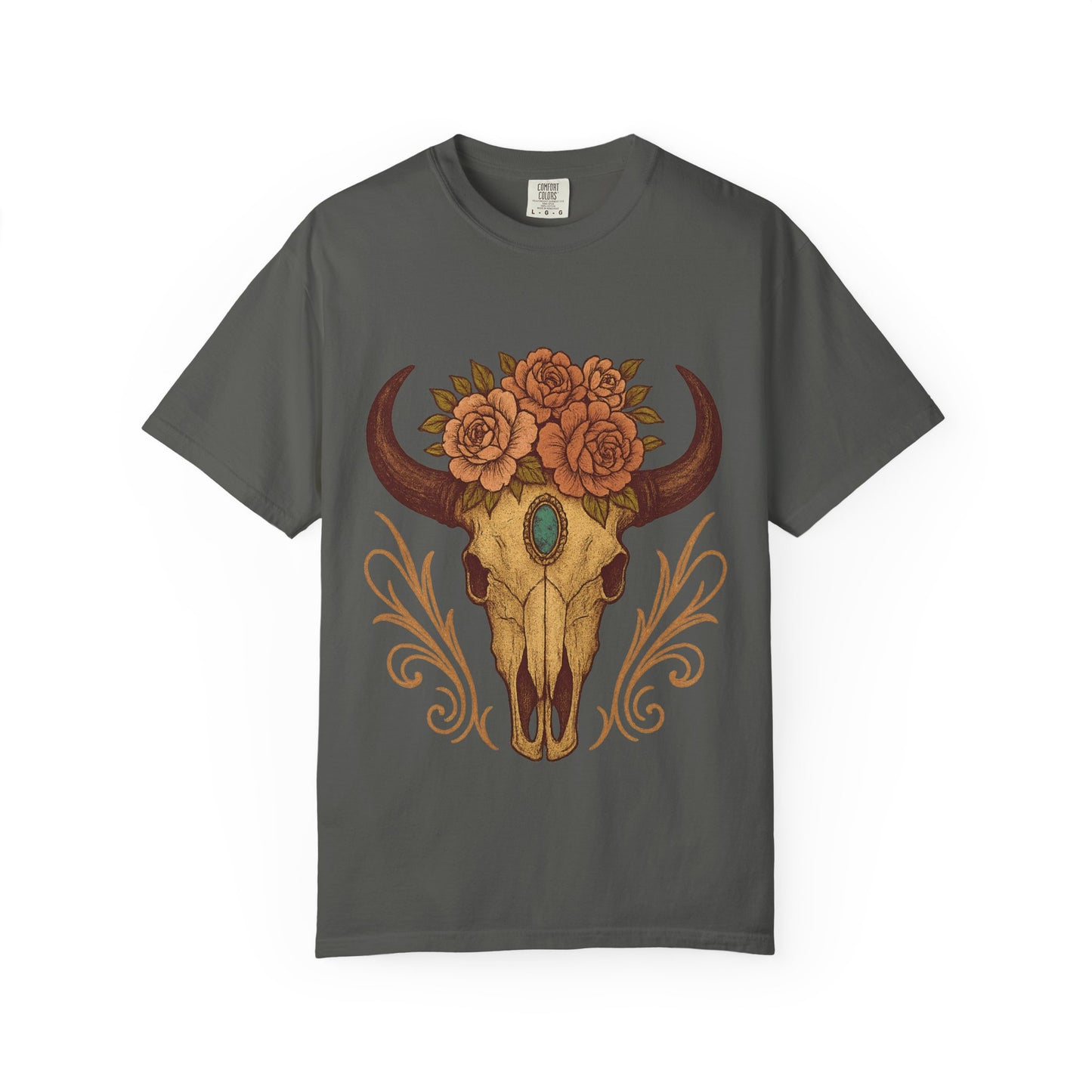 Grit & Grace Buffalo Skull Graphic T-Shirt – Western Cowgirl Floral Skull Tee with Turquoise & Roses