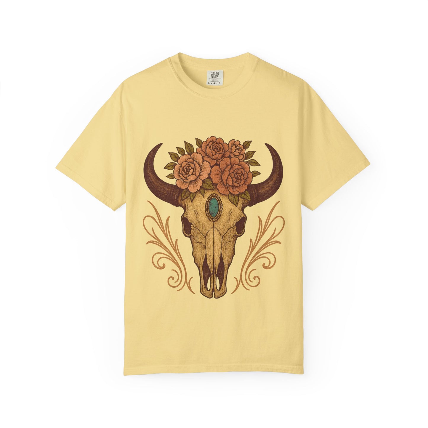 Grit & Grace Buffalo Skull Graphic T-Shirt – Western Cowgirl Floral Skull Tee with Turquoise & Roses