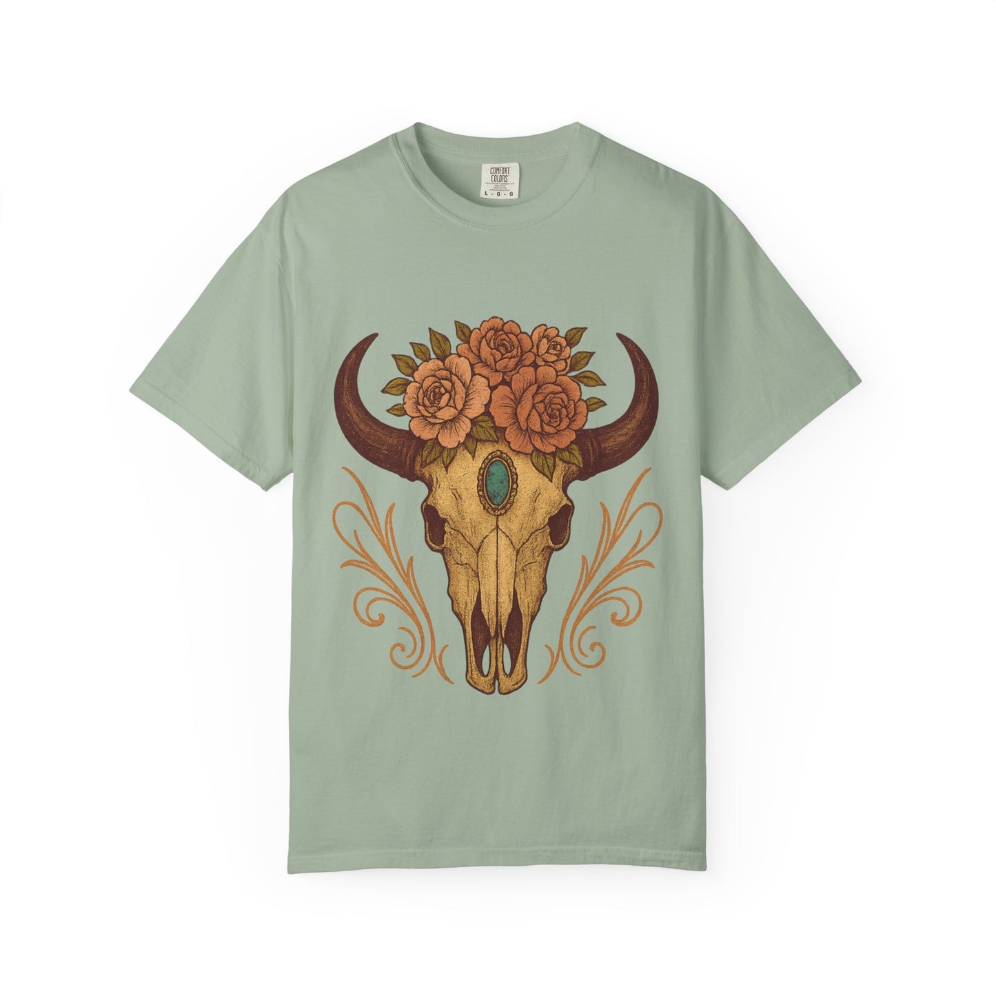 Grit & Grace Buffalo Skull Graphic T-Shirt – Western Cowgirl Floral Skull Tee with Turquoise & Roses