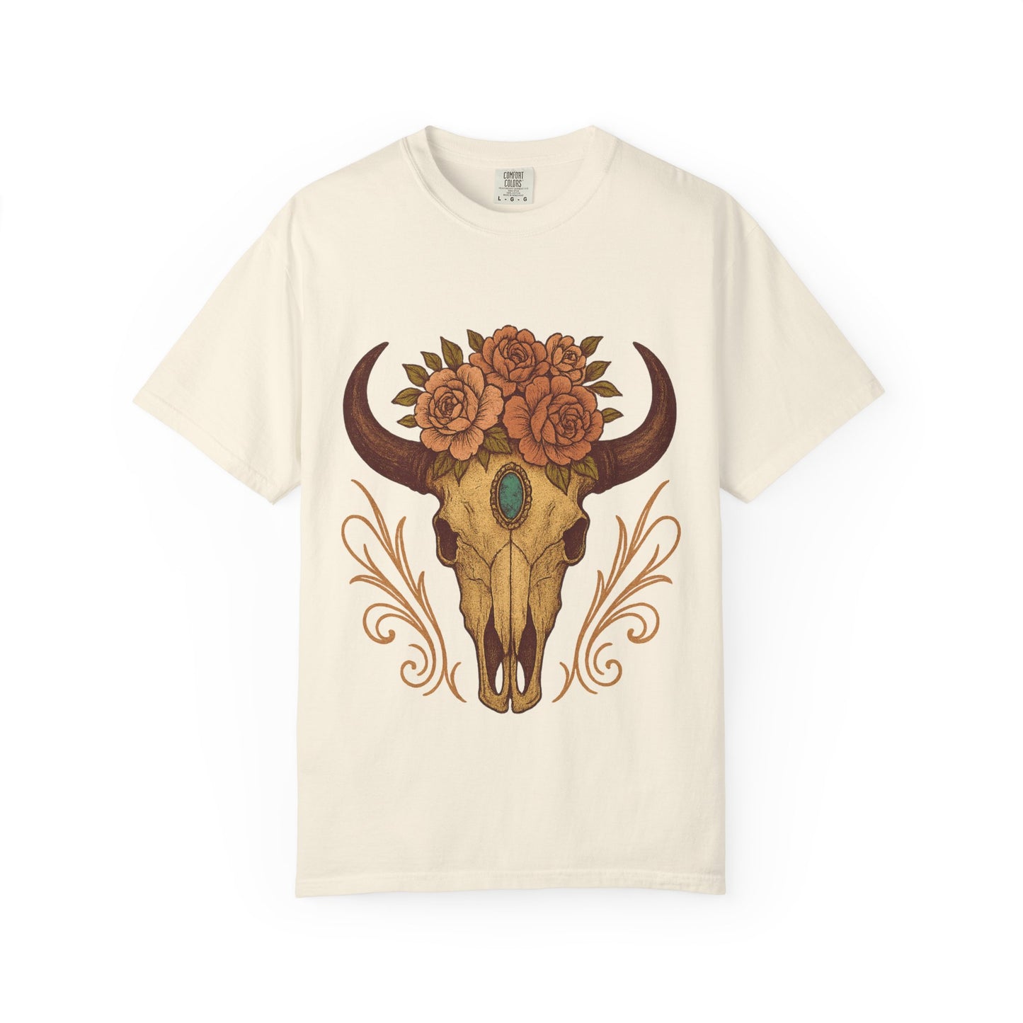 Grit & Grace Buffalo Skull Graphic T-Shirt – Western Cowgirl Floral Skull Tee with Turquoise & Roses