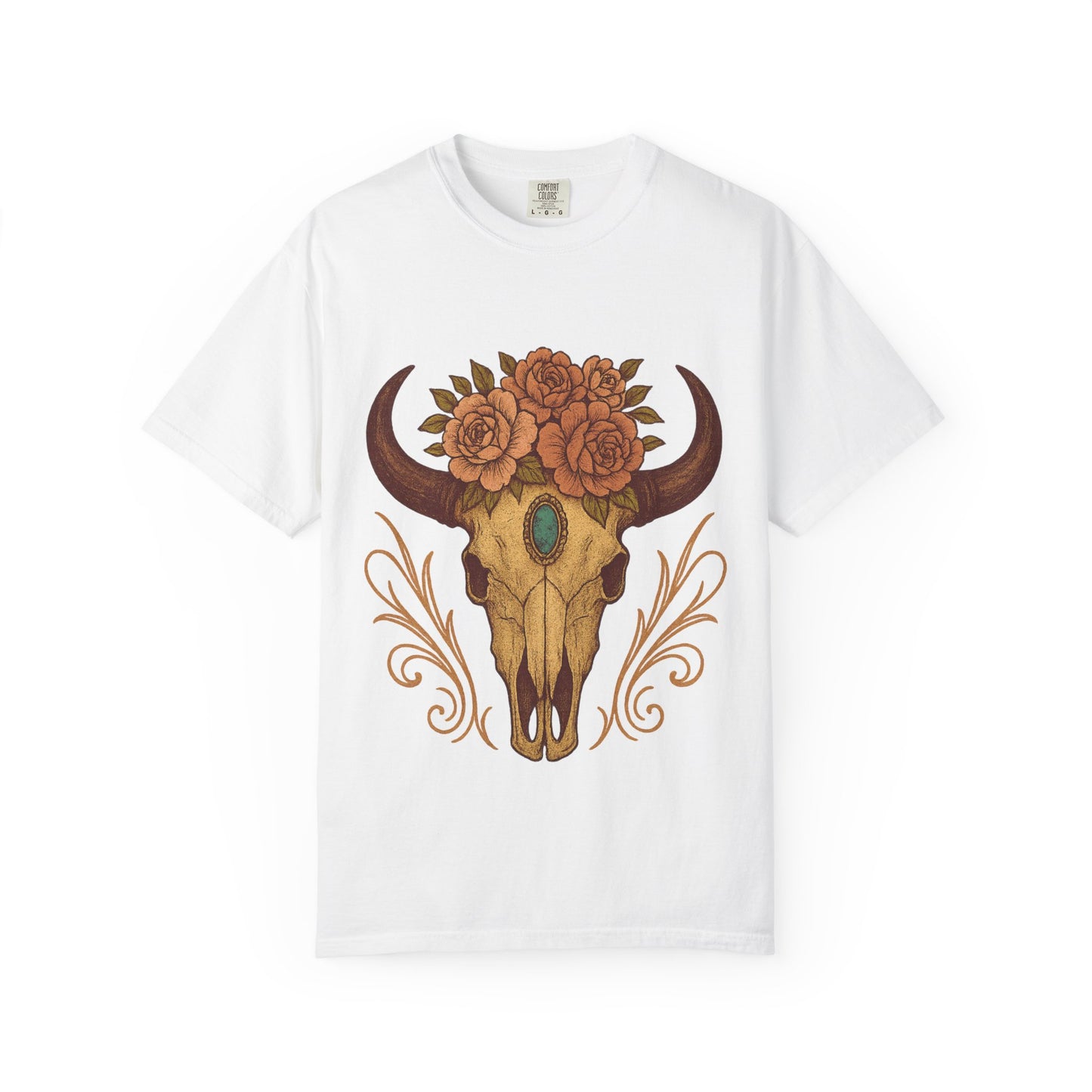 Grit & Grace Buffalo Skull Graphic T-Shirt – Western Cowgirl Floral Skull Tee with Turquoise & Roses