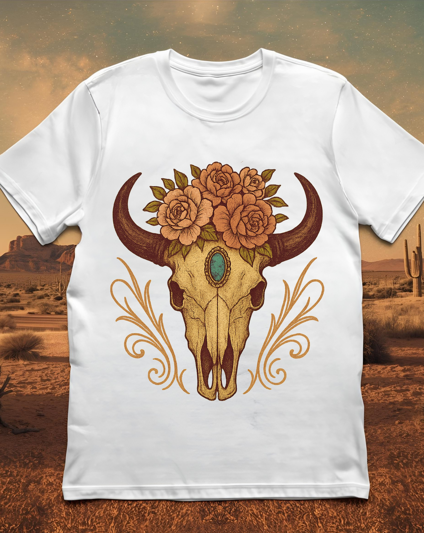 Grit & Grace Buffalo Skull Graphic T-Shirt – Western Cowgirl Floral Skull Tee with Turquoise & Roses