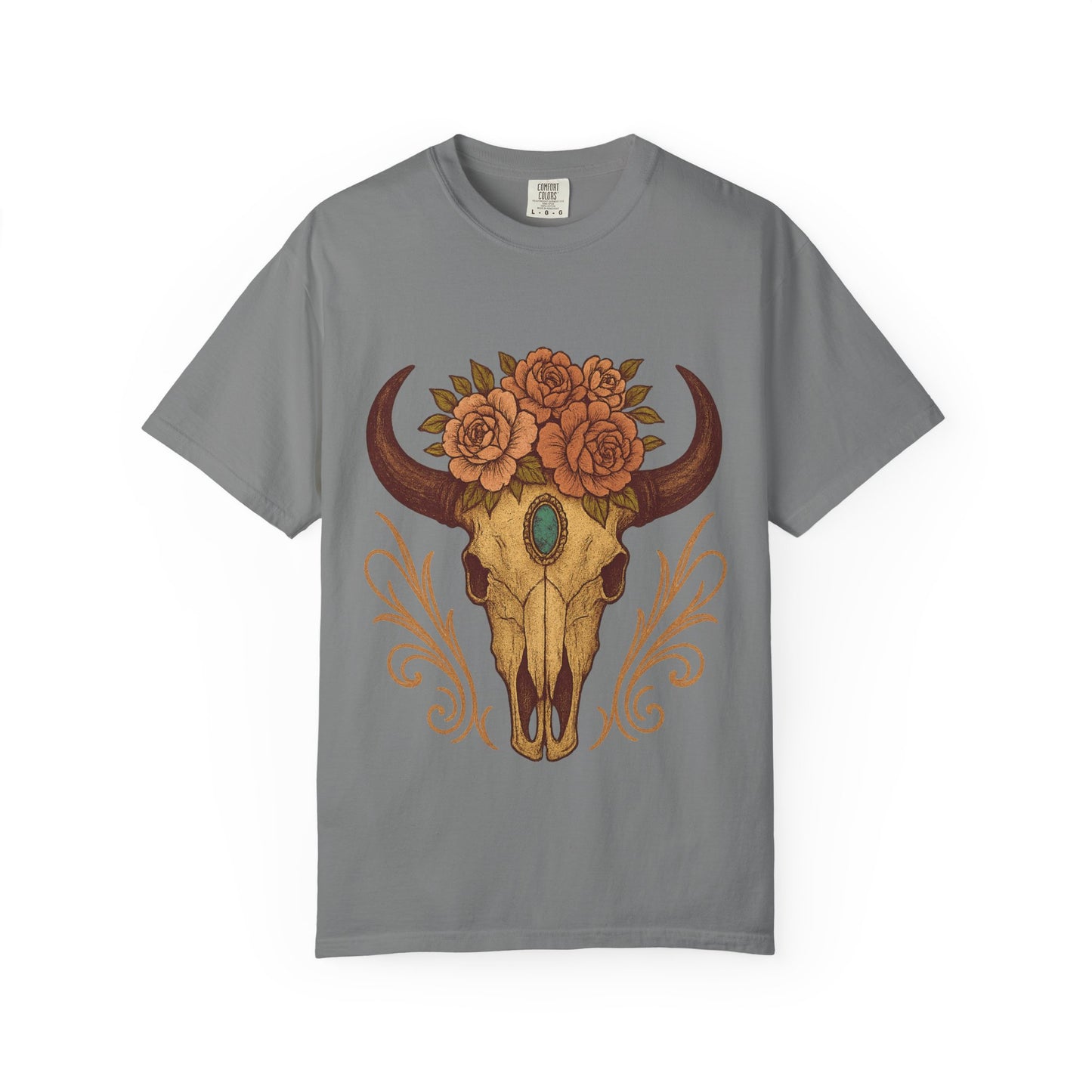 Grit & Grace Buffalo Skull Graphic T-Shirt – Western Cowgirl Floral Skull Tee with Turquoise & Roses