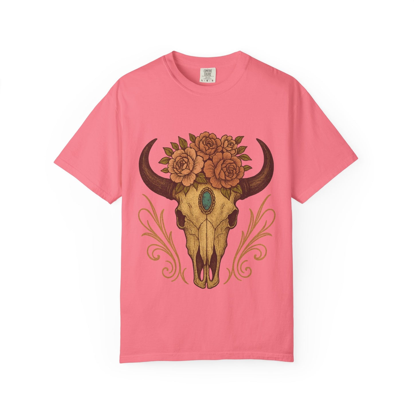 Grit & Grace Buffalo Skull Graphic T-Shirt – Western Cowgirl Floral Skull Tee with Turquoise & Roses