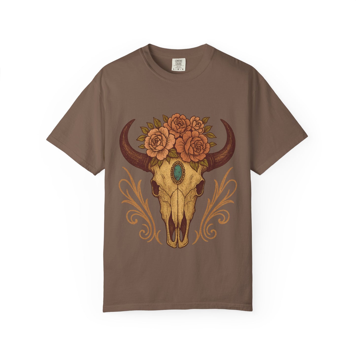 Grit & Grace Buffalo Skull Graphic T-Shirt – Western Cowgirl Floral Skull Tee with Turquoise & Roses