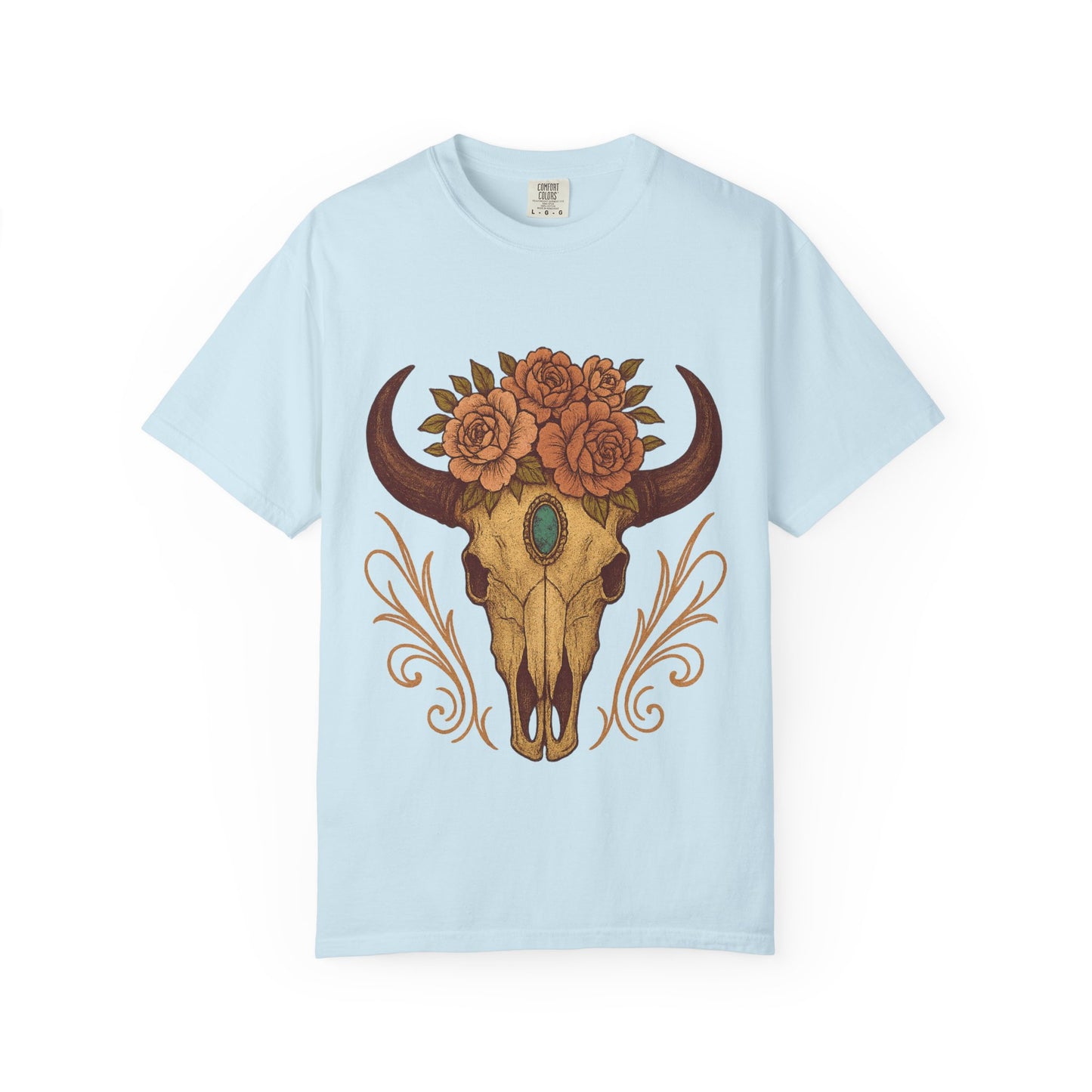 Grit & Grace Buffalo Skull Graphic T-Shirt – Western Cowgirl Floral Skull Tee with Turquoise & Roses