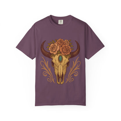 Grit & Grace Buffalo Skull Graphic T-Shirt – Western Cowgirl Floral Skull Tee with Turquoise & Roses