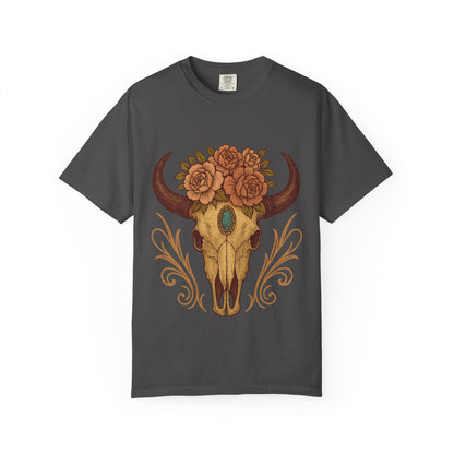 Grit & Grace Buffalo Skull Graphic T-Shirt – Western Cowgirl Floral Skull Tee with Turquoise & Roses