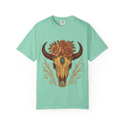 Grit & Grace Buffalo Skull Graphic T-Shirt – Western Cowgirl Floral Skull Tee with Turquoise & Roses