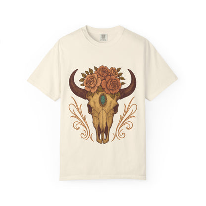 Grit & Grace Buffalo Skull Graphic T-Shirt – Western Cowgirl Floral Skull Tee with Turquoise & Roses