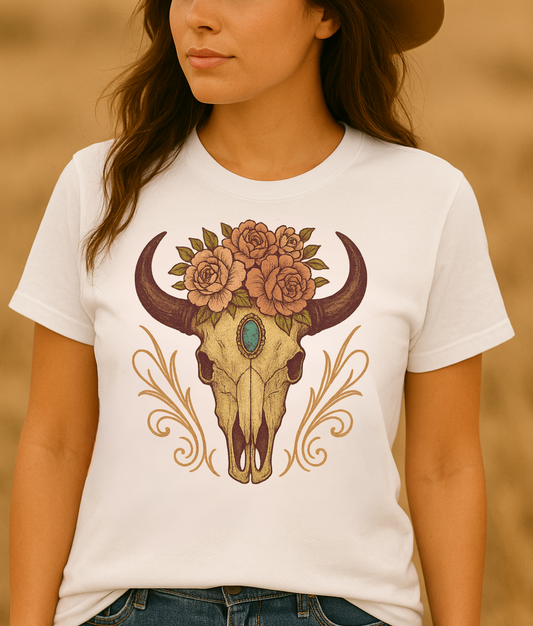 Grit & Grace Buffalo Skull Graphic T-Shirt – Western Cowgirl Floral Skull Tee with Turquoise & Roses