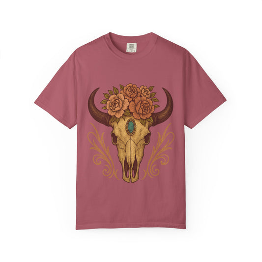 Grit & Grace Buffalo Skull Graphic T-Shirt – Western Cowgirl Floral Skull Tee with Turquoise & Roses