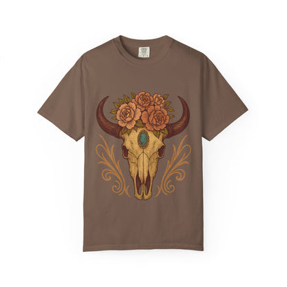 Grit & Grace Buffalo Skull Graphic T-Shirt – Western Cowgirl Floral Skull Tee with Turquoise & Roses