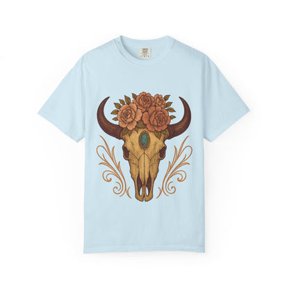 Grit & Grace Buffalo Skull Graphic T-Shirt – Western Cowgirl Floral Skull Tee with Turquoise & Roses